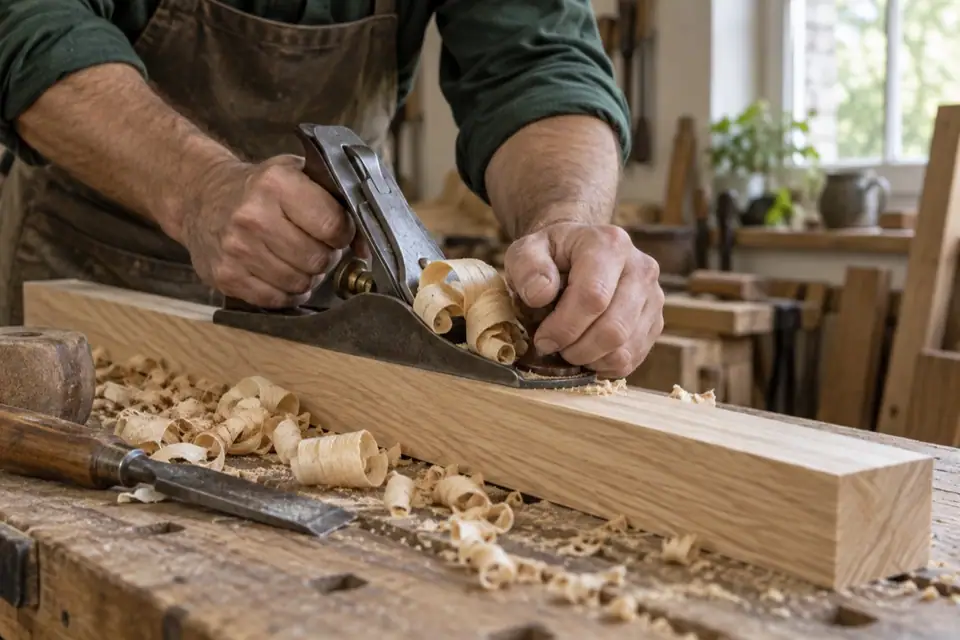 Illustratives Handwerksmotiv: Hände führen einen Hobel über ein Eichenbrett