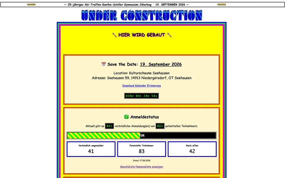 Website zum Abi-Treffen 2001 in Jüterbog mit gelbem Hintergrund, bunten Rahmen und Veranstaltungsinformationen